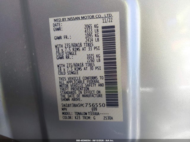 Auction sale of the 2023 Nissan Rogue Sv Fwd, vin: 5N1BT3BA5PC756550, lot number: 45366354