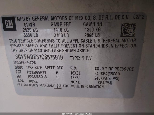 45366357 :رقم المزاد ، 3GYFNDE37CS575919 vin ، 2012 Cadillac Srx Luxury Collection مزاد بيع
