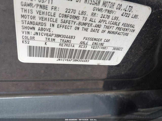 45366364 :رقم المزاد ، JN1CV6AP3BM304483 vin ، 2011 Infiniti G37 Journey مزاد بيع