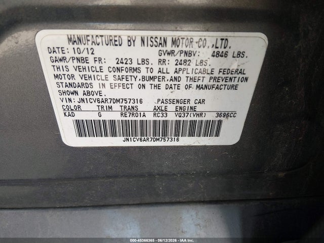 45366365 :رقم المزاد ، JN1CV6AR7DM757316 vin ، 2013 Infiniti G37x مزاد بيع
