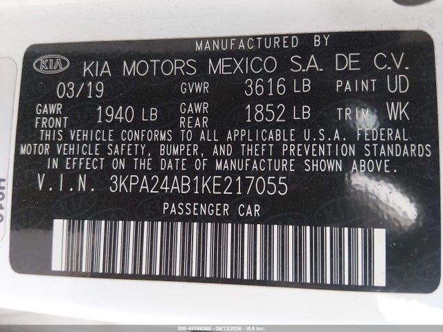 45366368 :رقم المزاد ، 3KPA24AB1KE217055 vin ، 2019 Kia Rio S مزاد بيع
