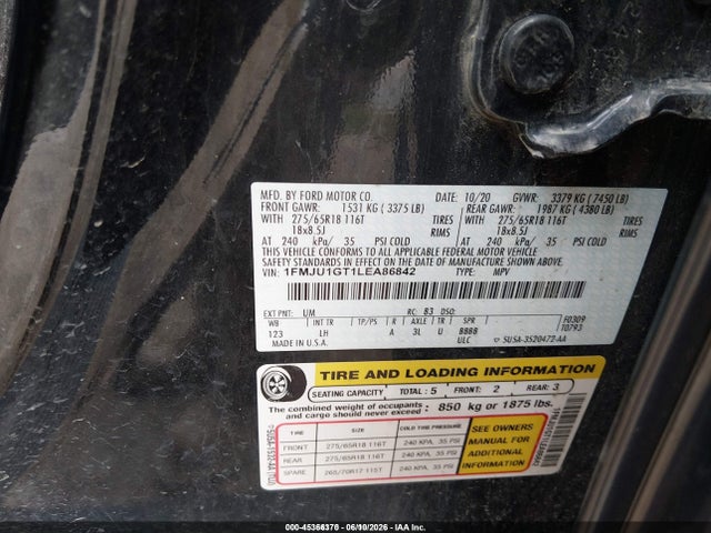 Auction sale of the 2020 Ford Expedition Xl, vin: 1FMJU1GT1LEA86842, lot number: 45366370