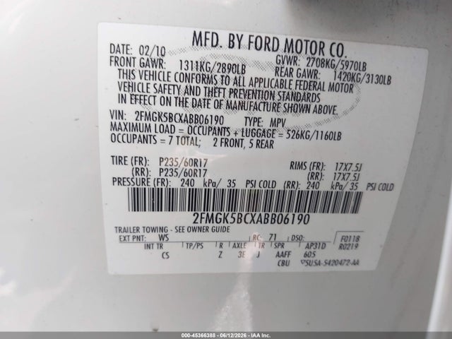 Aukcja sprzedaży 2010 Ford Flex Se, vin: 2FMGK5BCXABB06190, numer aukcji: 45366388