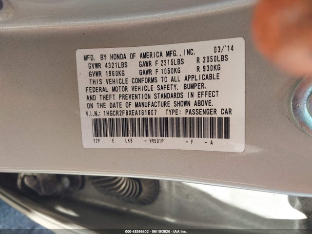 Aukcja sprzedaży 2014 Honda Accord Exl, vin: 1HGCR2F8XEA181607, numer aukcji: 45366402