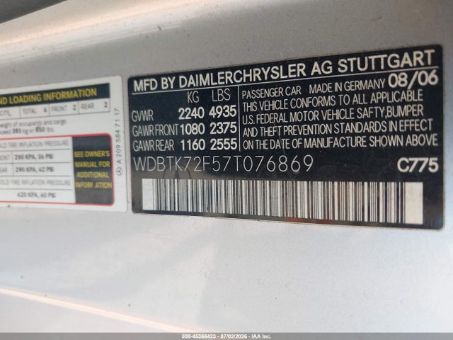 Продажа на аукционе авто 2007 Mercedes-benz Clk 550, vin: WDBTK72F57T076869, номер лота: 45366423