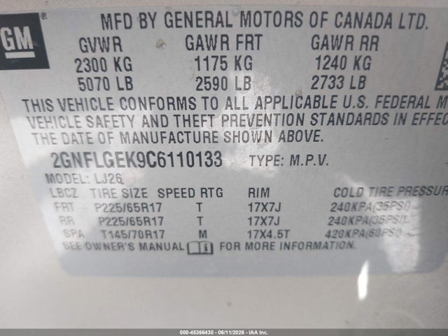 Aukcja sprzedaży 2012 Chevrolet Equinox Ltz, vin: 2GNFLGEK9C6110133, numer aukcji: 45366430