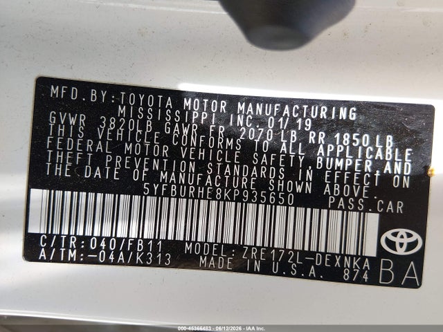5YFBURHE8KP935650 Toyota COROLLA LE