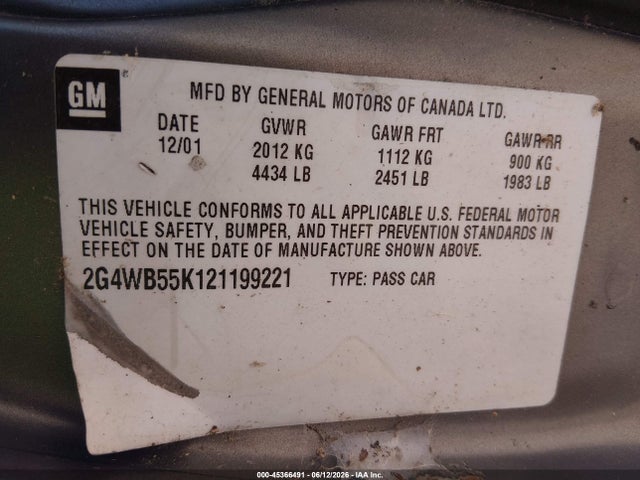 2002 Buick Regal Ls მანქანა იყიდება აუქციონზე, vin: 2G4WB55K121199221, აუქციონის ნომერი: 45366491