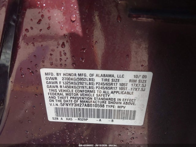 Продажа на аукционе авто 2010 Honda Pilot Lx, vin: 5FNYF3H27AB010598, номер лота: 45366502