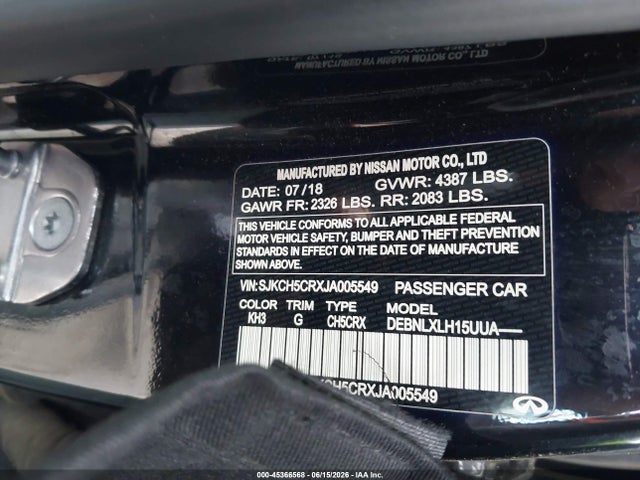 45366568 :رقم المزاد ، SJKCH5CRXJA005549 vin ، 2018 Infiniti Qx30 Luxe مزاد بيع