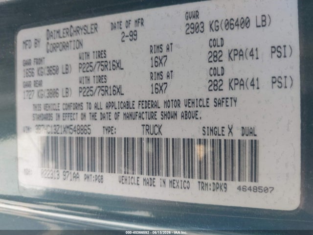 Aukcja sprzedaży 1999 Dodge Ram 1500, vin: 3B7HC13Z1XM548865, numer aukcji: 45366592