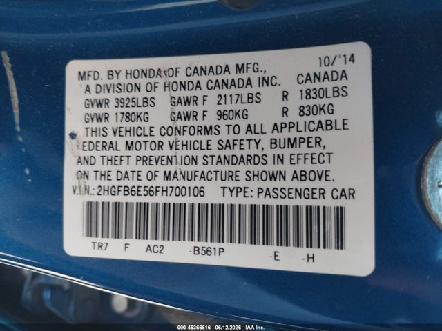 Honda CIVIC SI 2015 2HGFB6E56FH700106 Image 9
