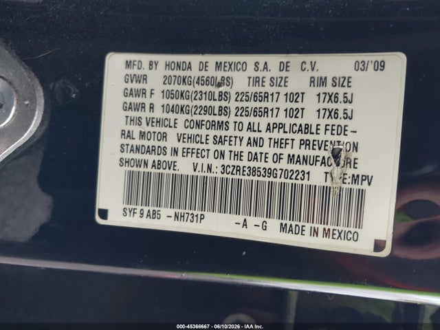 Aukcja sprzedaży 2009 Honda Cr-v Ex, vin: 3CZRE38539G702231, numer aukcji: 45366667