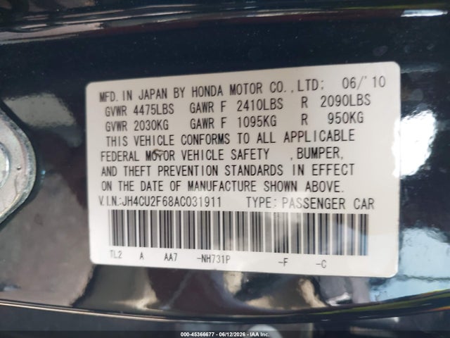 2010 Acura Tsx 2.4 მანქანა იყიდება აუქციონზე, vin: JH4CU2F68AC031911, აუქციონის ნომერი: 45366677