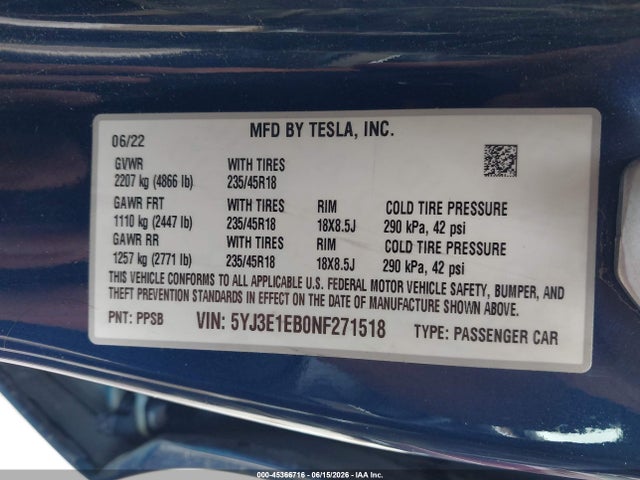 Auction sale of the 2022 Tesla Model 3 Long Range Dual Motor All-wheel Drive, vin: 5YJ3E1EB0NF271518, lot number: 45366716