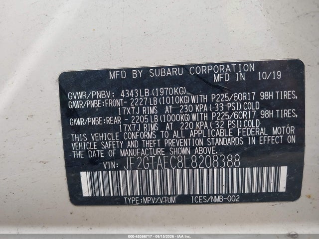 Продажа на аукционе авто 2020 Subaru Crosstrek Premium, vin: JF2GTAEC8L8208388, номер лота: 45366717