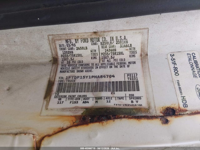 Aukcja sprzedaży 1993 Ford F150, vin: 1FTDF15Y1PNA84704, numer aukcji: 45366719