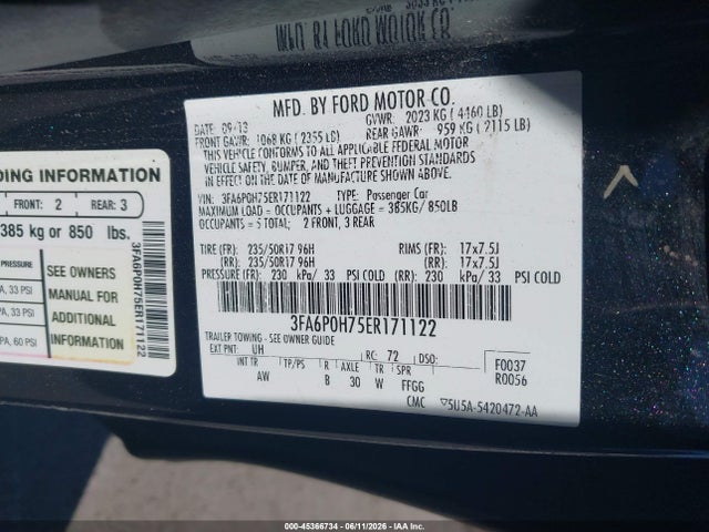 Aukcja sprzedaży 2014 Ford Fusion Se, vin: 3FA6P0H75ER171122, numer aukcji: 45366734
