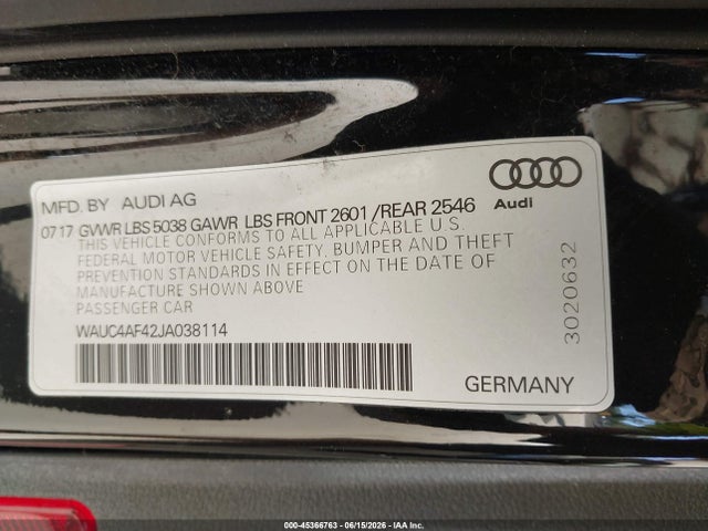 Aukcja sprzedaży 2018 Audi S4 3.0t Premium Plus, vin: WAUC4AF42JA038114, numer aukcji: 45366763