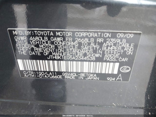 45366775 :رقم المزاد ، JTHBK1EG5A2344538 vin ، 2010 Lexus Es 350 Base (a6) مزاد بيع