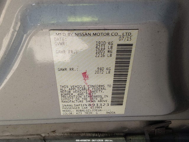1N4AL3AP1FN893323 Nissan Altima 2.5/2.5 S/2.5 Sl/2.5 Sv