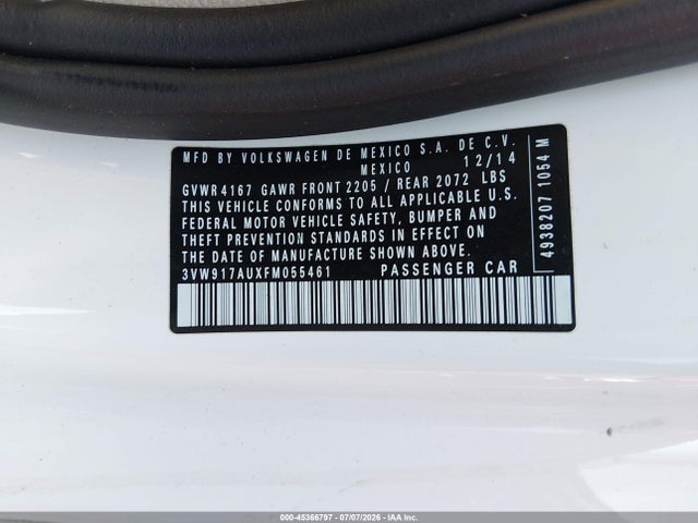 Aukcja sprzedaży 2015 Volkswagen Golf Tsi S 2-door, vin: 3VW917AUXFM055461, numer aukcji: 45366797