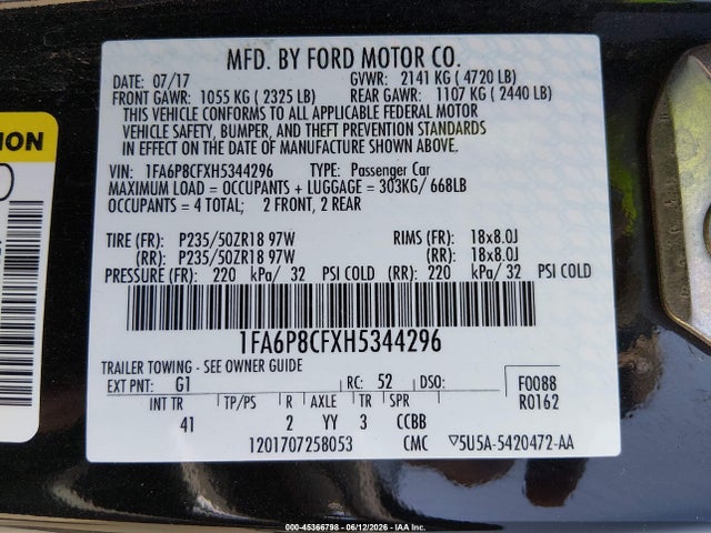1FA6P8CFXH5344296 Ford Mustang Gt Premium