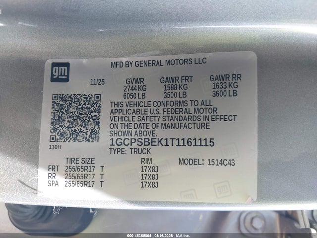 1GCPSBEK1T1161115 Chevrolet Colorado Wt