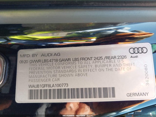 Aukcja sprzedaży 2020 Audi S3 Premium Tfsi Quattro S Tronic, vin: WAUB1GFF8LA100773, numer aukcji: 45366808