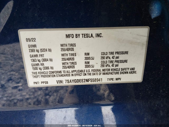 Aukcja sprzedaży 2022 Tesla Model Y Long Range Dual Motor All-wheel Drive, vin: 7SAYGDEE2NF558941, numer aukcji: 45366870