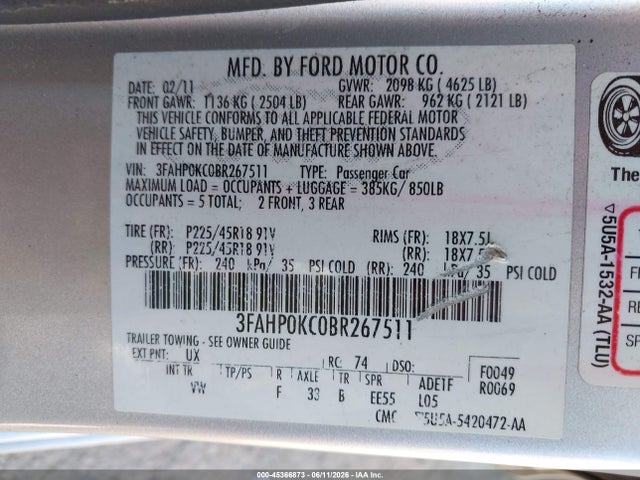 Продаж на аукціоні авто 2011 Ford Fusion Sport, vin: 3FAHP0KC0BR267511, номер лоту: 45366873