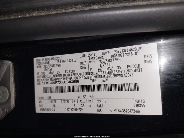 2019 Ford Escape S მანქანა იყიდება აუქციონზე, vin: 1FMCU0F7XKUC03586, აუქციონის ნომერი: 45366880