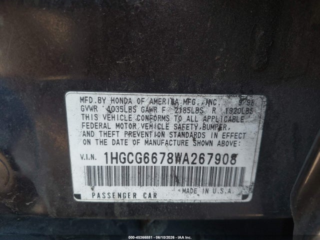 45366881 :رقم المزاد ، 1HGCG6678WA267908 vin ، 1998 Honda Accord Ex مزاد بيع