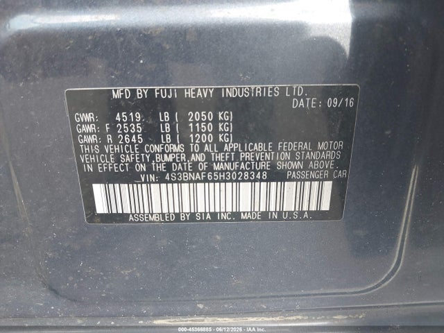 2017 Subaru Legacy 2.5i Premium მანქანა იყიდება აუქციონზე, vin: 4S3BNAF65H3028348, აუქციონის ნომერი: 45366885