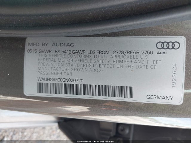 Aukcja sprzedaży 2016 Audi A6 3.0t Premium Plus, vin: WAUHGAFC0GN020720, numer aukcji: 45366923