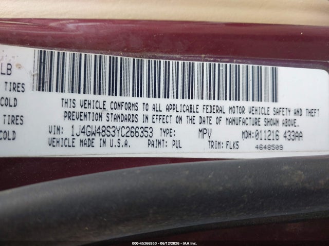 Aukcja sprzedaży 2000 Jeep Grand Cherokee Laredo, vin: 1J4GW48S3YC266353, numer aukcji: 45366950