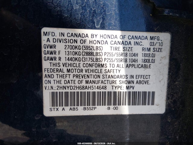 Продажа на аукционе авто 2010 Acura Mdx Technology Package, vin: 2HNYD2H68AH514648, номер лота: 45366956