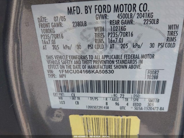 Aukcja sprzedaży 2006 Ford Escape Limited, vin: 1FMCU04166KA50530, numer aukcji: 45366972