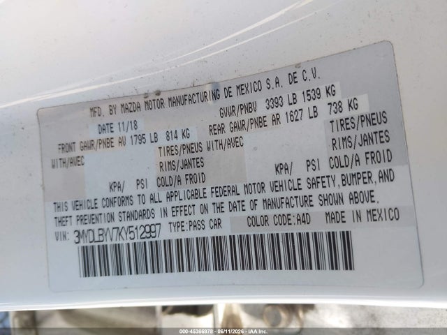 2019 Toyota Yaris L მანქანა იყიდება აუქციონზე, vin: 3MYDLBYV7KY512997, აუქციონის ნომერი: 45366978