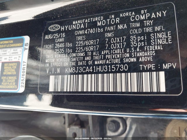 Aukcja sprzedaży 2017 Hyundai Tucson Se, vin: KM8J3CA41HU315730, numer aukcji: 45366986