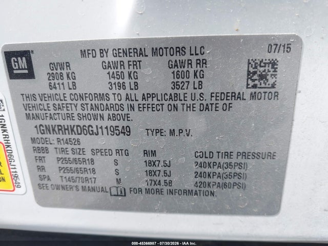 Chevrolet Traverse 2lt 2016 1GNKRHKD6GJ119549 Image 9