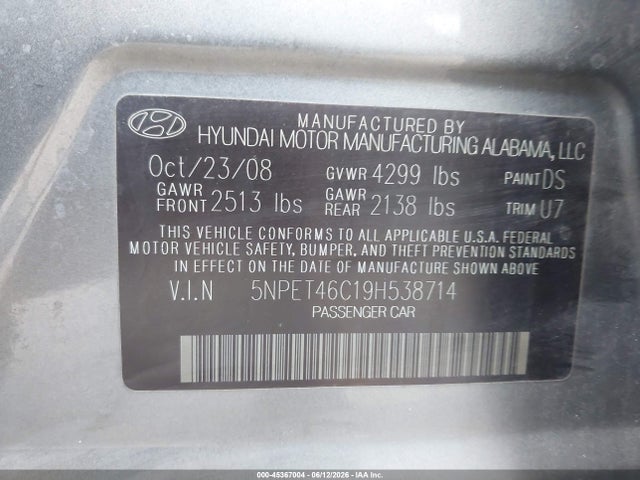Aukcja sprzedaży 2009 Hyundai Sonata Gls, vin: 5NPET46C19H538714, numer aukcji: 45367004