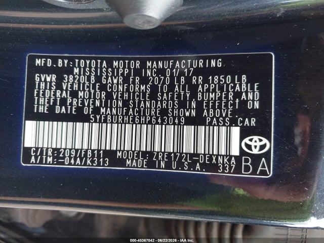 Toyota COROLLA LE 2017 5YFBURHE6HP643049 Image 9