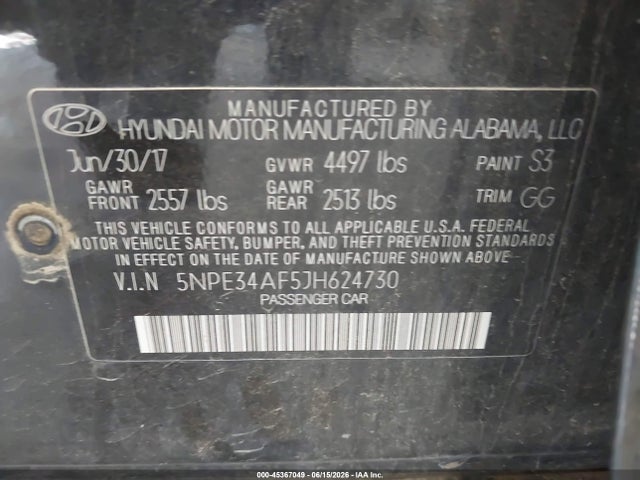 Aukcja sprzedaży 2018 Hyundai Sonata Sel, vin: 5NPE34AF5JH624730, numer aukcji: 45367049
