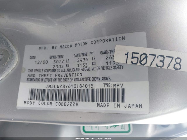 Aukcja sprzedaży 2001 Mazda Mpv Dx/es/lx, vin: JM3LW28Y610184015, numer aukcji: 45367058
