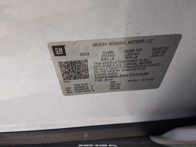 2019 Gmc Acadia Slt-1 მანქანა იყიდება აუქციონზე, vin: 1GKKNMLS5KZ231929, აუქციონის ნომერი: 45367067