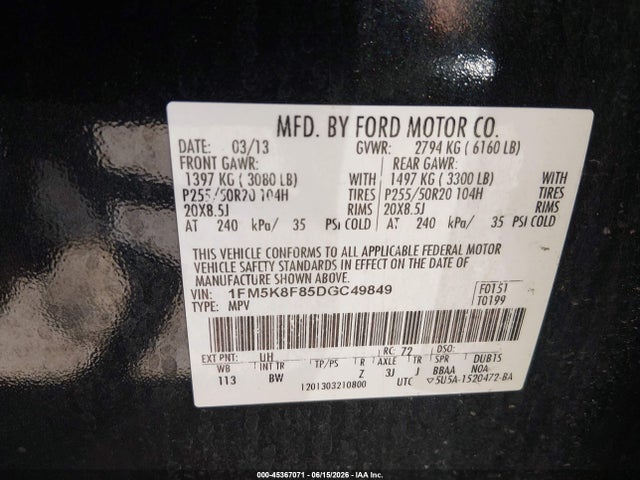 45367071 :رقم المزاد ، 1FM5K8F85DGC49849 vin ، 2013 Ford Explorer Limited مزاد بيع