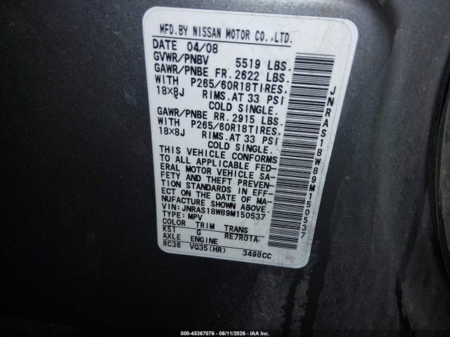 Aukcja sprzedaży 2009 Infiniti Fx35, vin: JNRAS18W89M150537, numer aukcji: 45367076