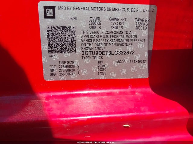Продаж на аукціоні авто 2020 Gmc Sierra 1500 4wd  Short Box Slt, vin: 3GTU9DET3LG332872, номер лоту: 45367095