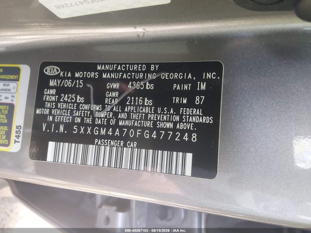 2015 Kia Optima Lx მანქანა იყიდება აუქციონზე, vin: 5XXGM4A70FG477248, აუქციონის ნომერი: 45367102